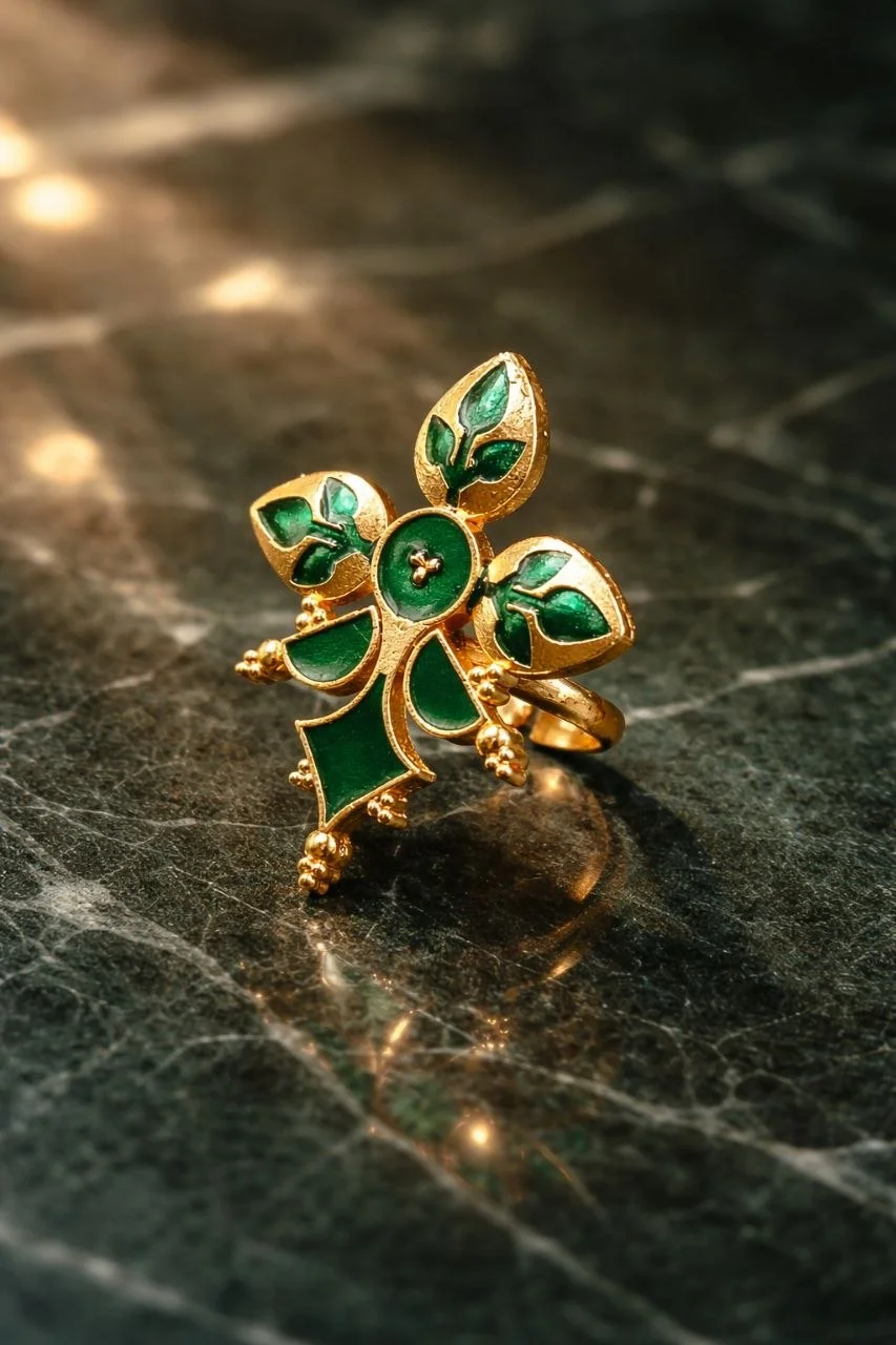 Gold Enamel Floral Ring with Scalloped Edge – view 4