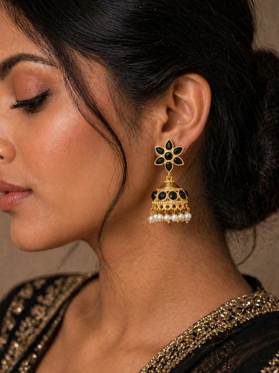 Petite Black Meenakari Flower Jhumka