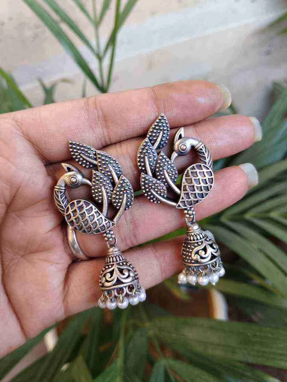 Oxidised Peacock Feather Jhumka Earrings with Cut-Work Bell – view 2