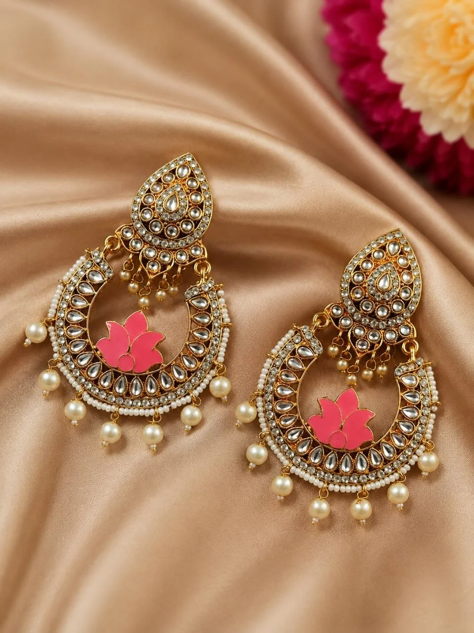 Blue Lotus Meenakari Chandbali with Bead Fringe