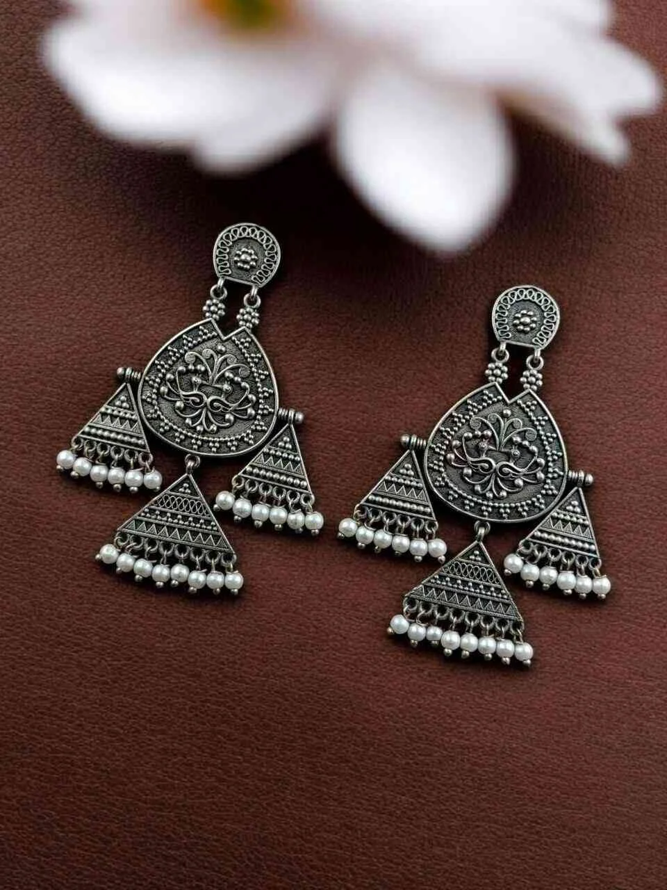 Oxidised Triangle Cone Dangler Earrings with Pearl Drops – view 3