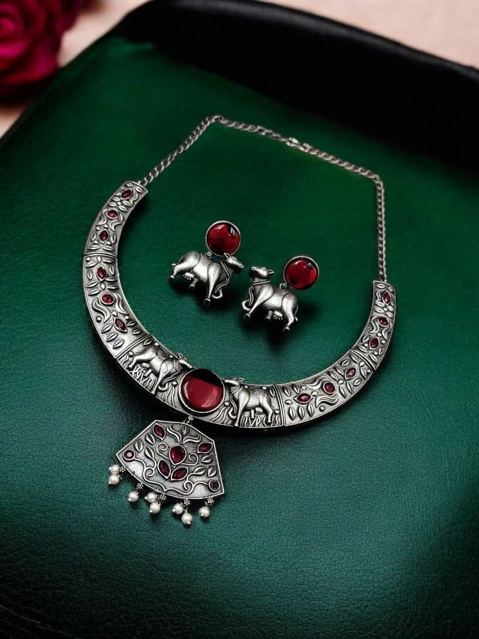 Oxidised Nandi Hasli Necklace Set with Stone Collar