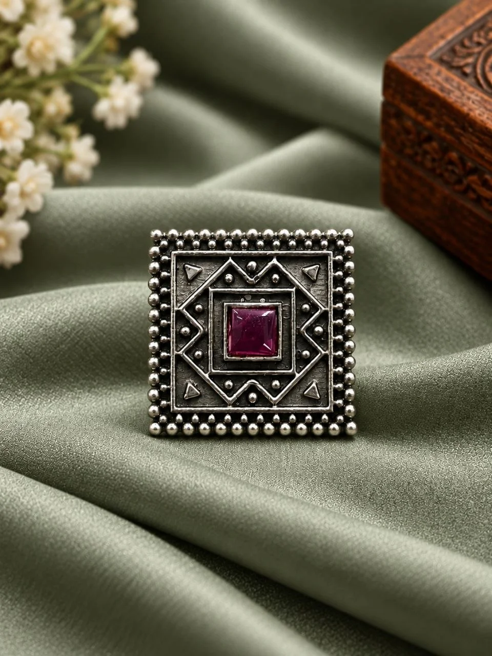 Oxidised Square Ring with Single Stone – view 4
