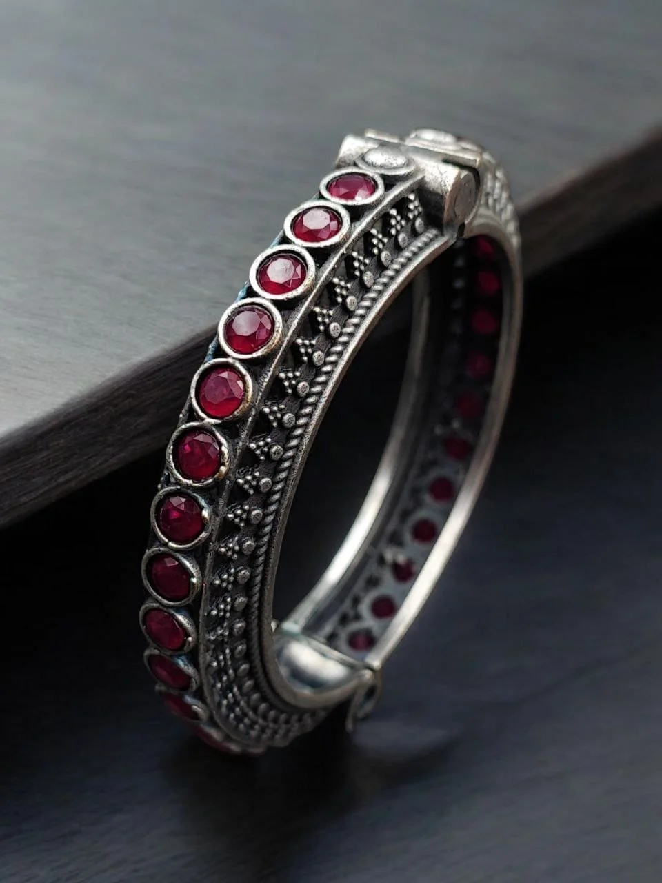 Oxidised Openable Kada with Deep Pink Stone Row and Granulation Work