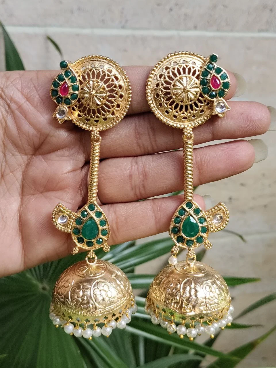 Antique Three Tier Jhumka with Red and Turquoise – view 4