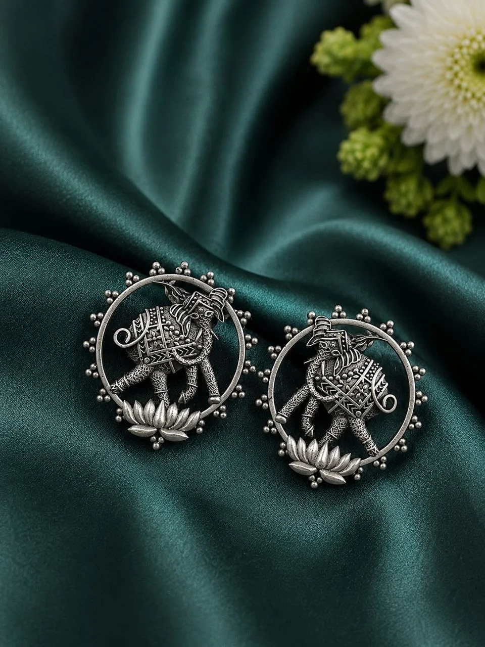 Oxidised Elephant Ring Stud Earrings with Lotus Detail – view 2
