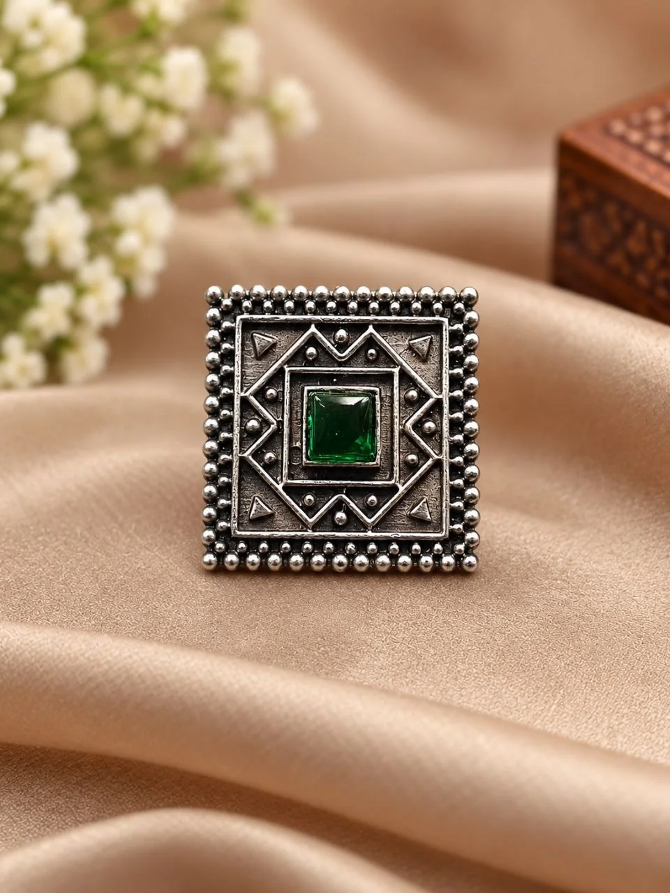 Oxidised Square Ring with Single Stone – view 3