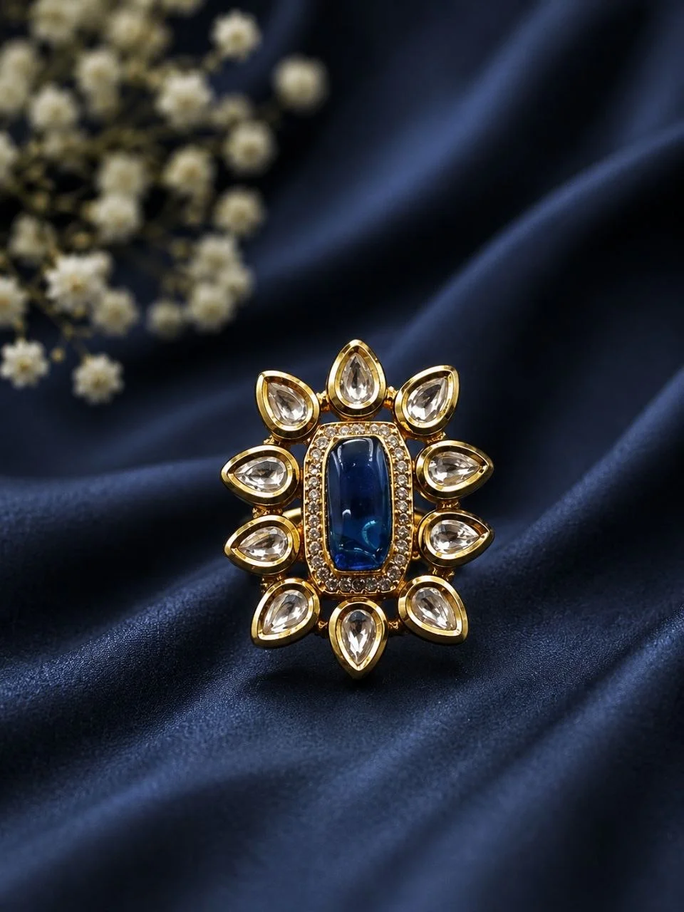 Kundan Petal Cocktail Ring with Blue Rectangular Centre Stone