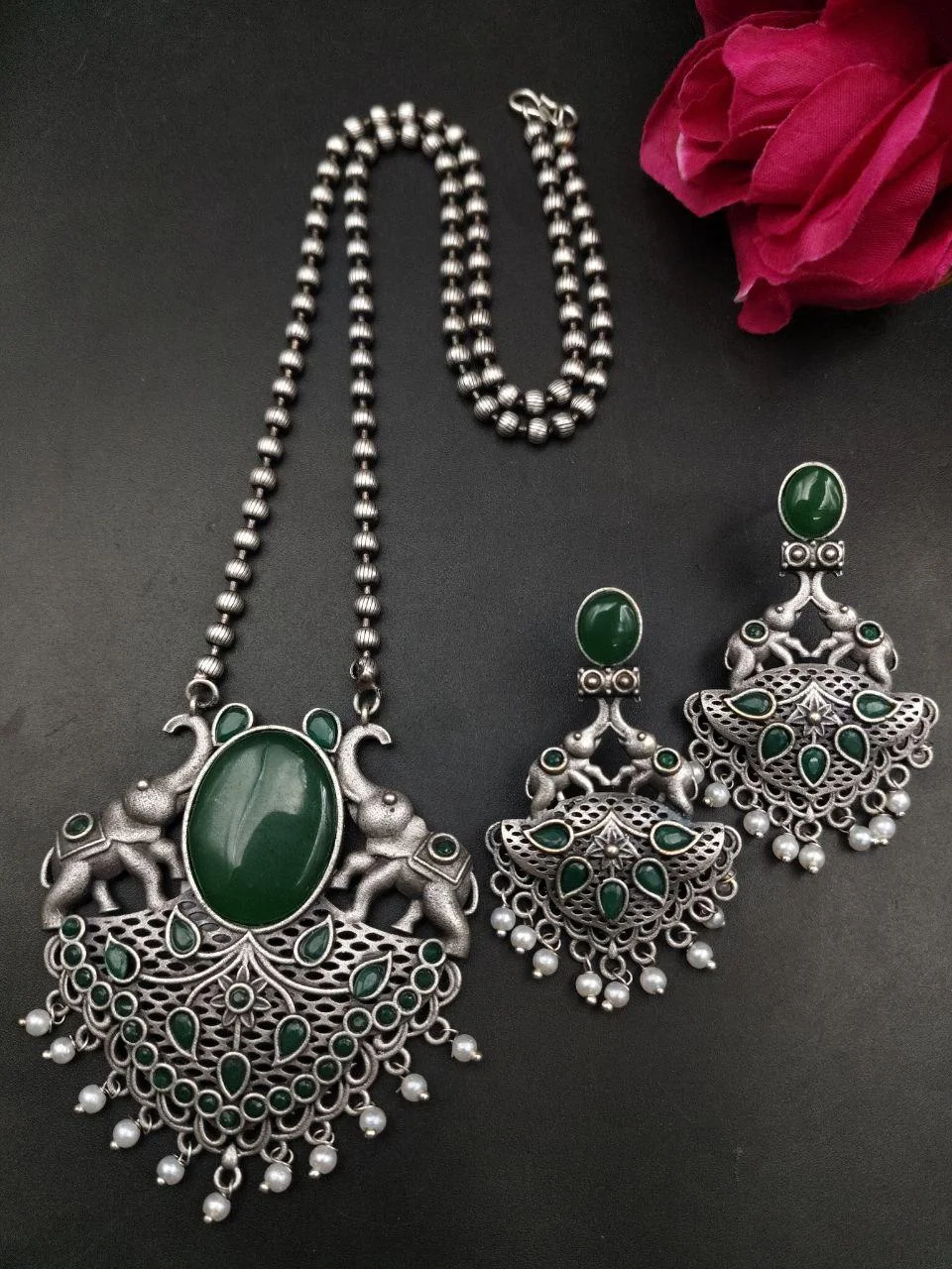 Oxidised Elephant Cabochon Necklace Set with Earrings