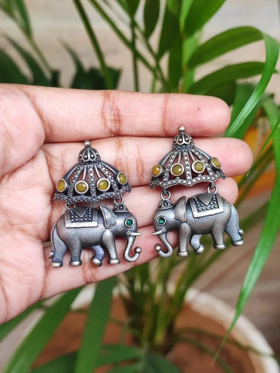 Oxidised Elephant Canopy Stud Earrings with Stone Accents