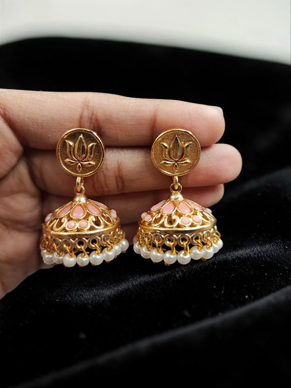 Green Meena Jhumka with Lotus Stud – view 3