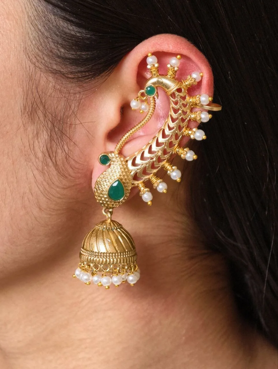 Peacock Ear Cuff Jhumka with Pearl Tail