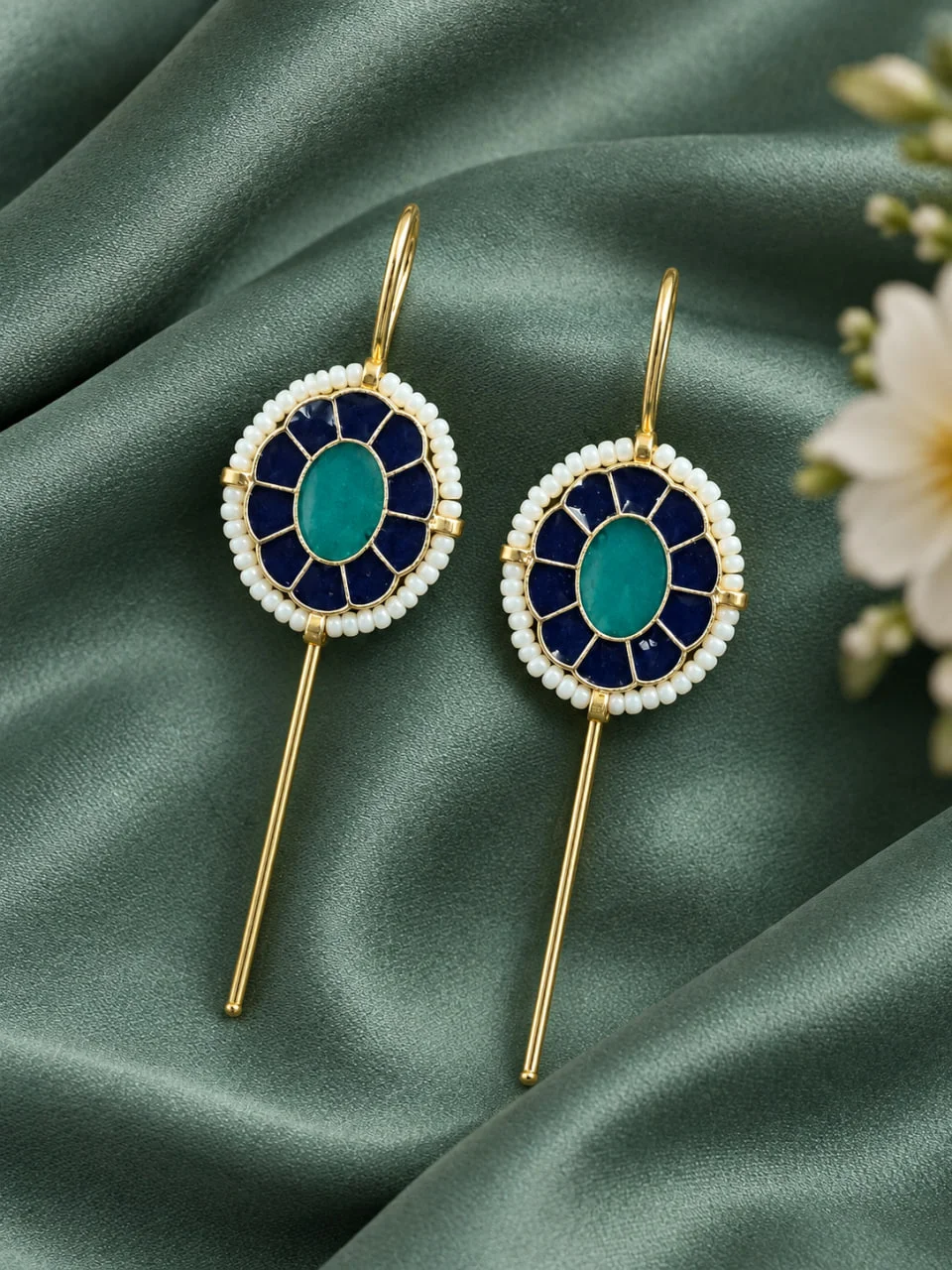 Oval Enamel Flower Ear Pin with Pearl Halo – Navy and Aqua Gold Plated