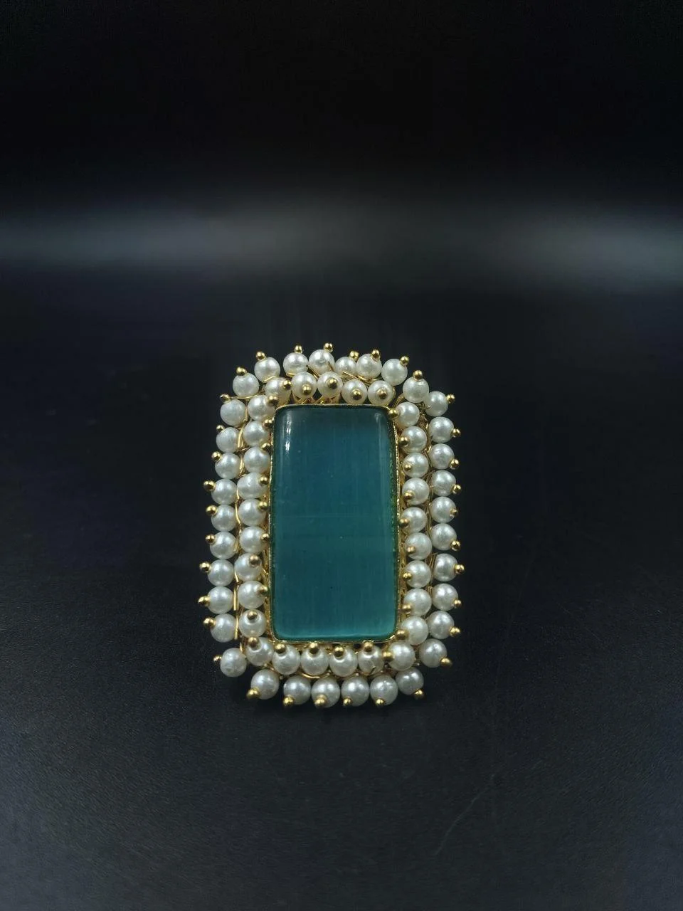 Gold Ring with Purple Stone and Double Pearl Border – view 2