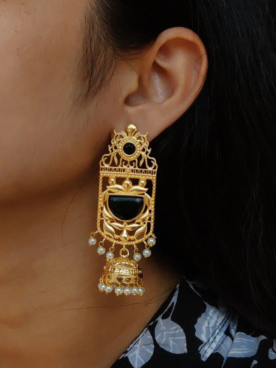 Long Temple Frame Jhumka with Black Stone