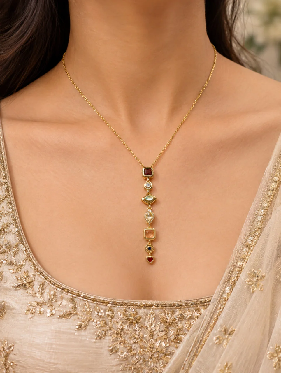 Anti Tarnish Stacked Gemstone Drop Pendant Necklace