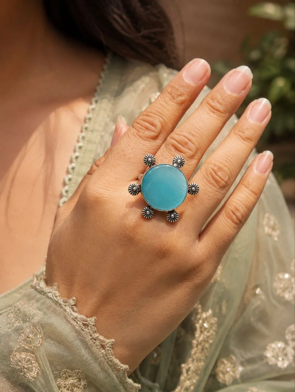 Oxidised Ring with Large Oval Cabochon