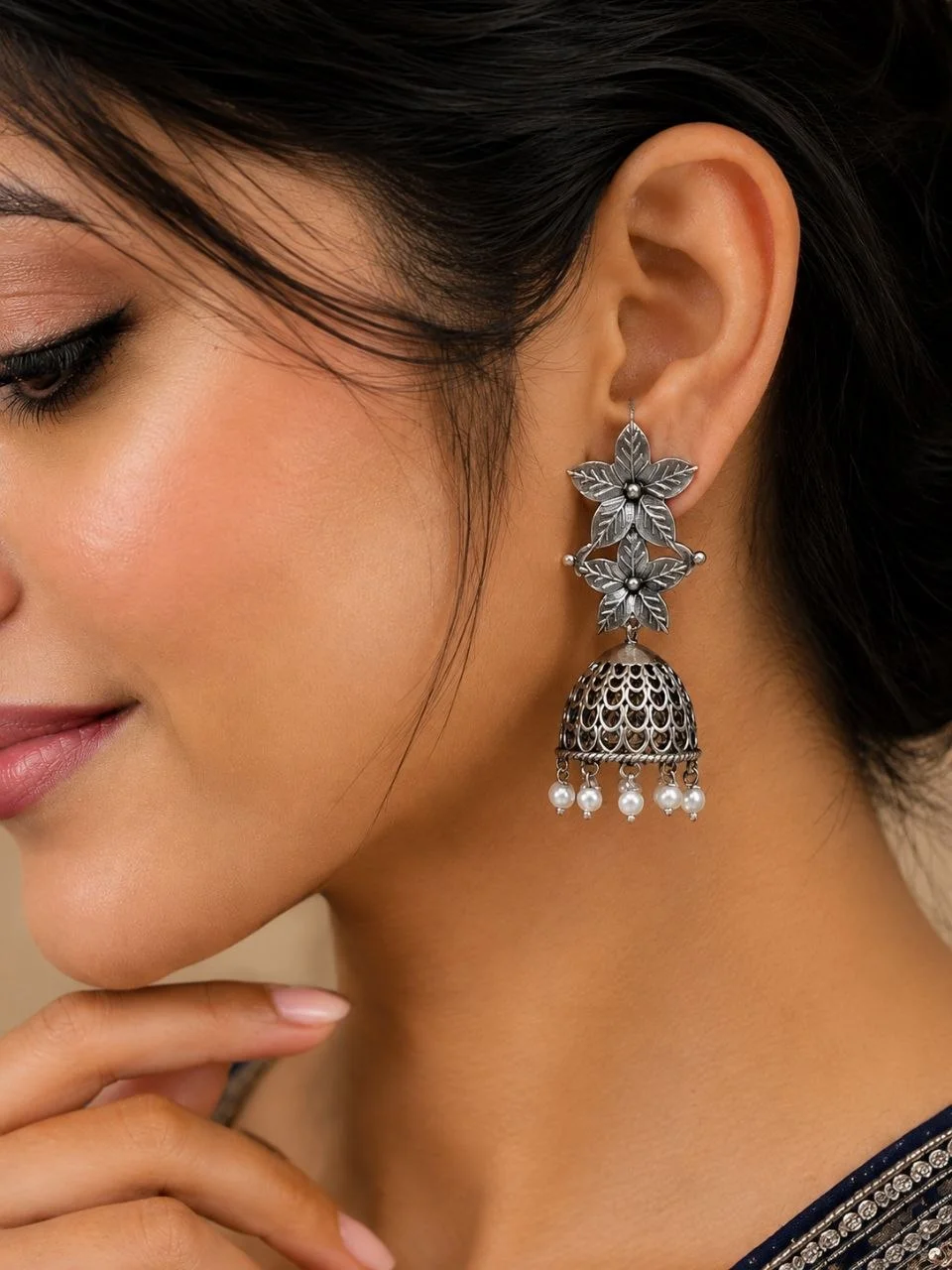 Oxidised Lily Top Jhumka Earrings with Lattice Bell and Pearls