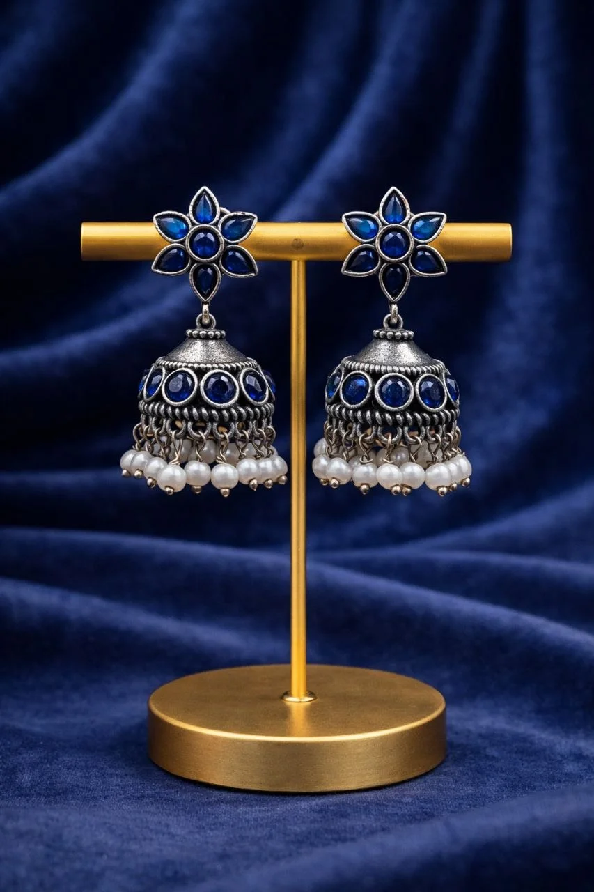 Oxidised Star Flower Jhumka Earrings with Stone Band and Pearl Fringe