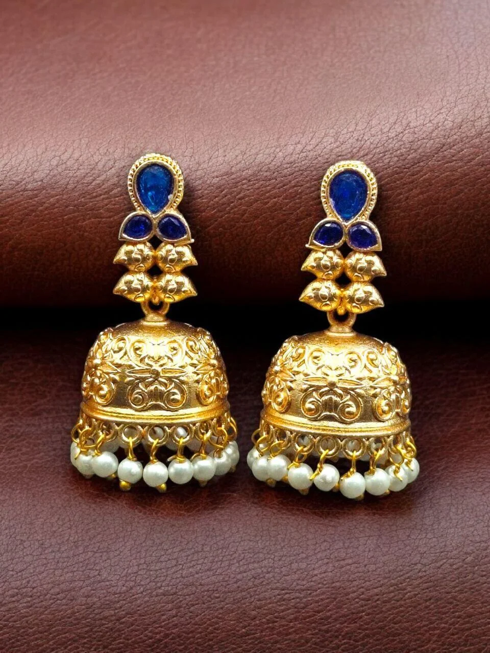 Ruby Red Floral Stud Jhumka with Wide Bell – view 5