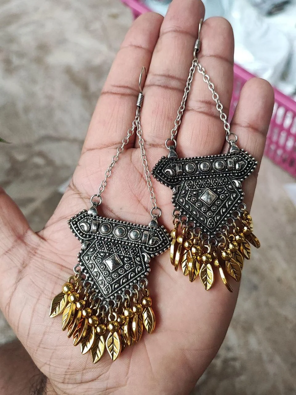 Two-Tone Shield Hook Earrings with Chain and Leaf Fringe