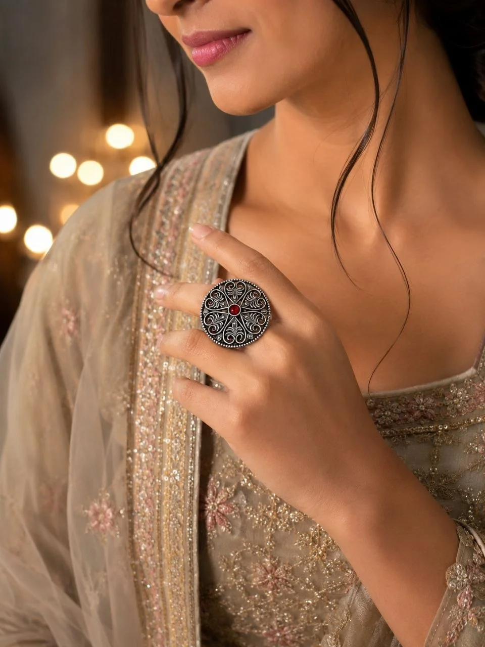 Oxidised Filigree Mandala Ring with Red Stone