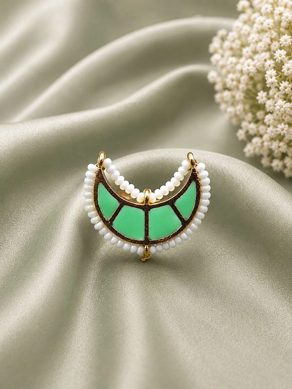 Gold Meenakari Moon Ring with Pearl Border – view 5
