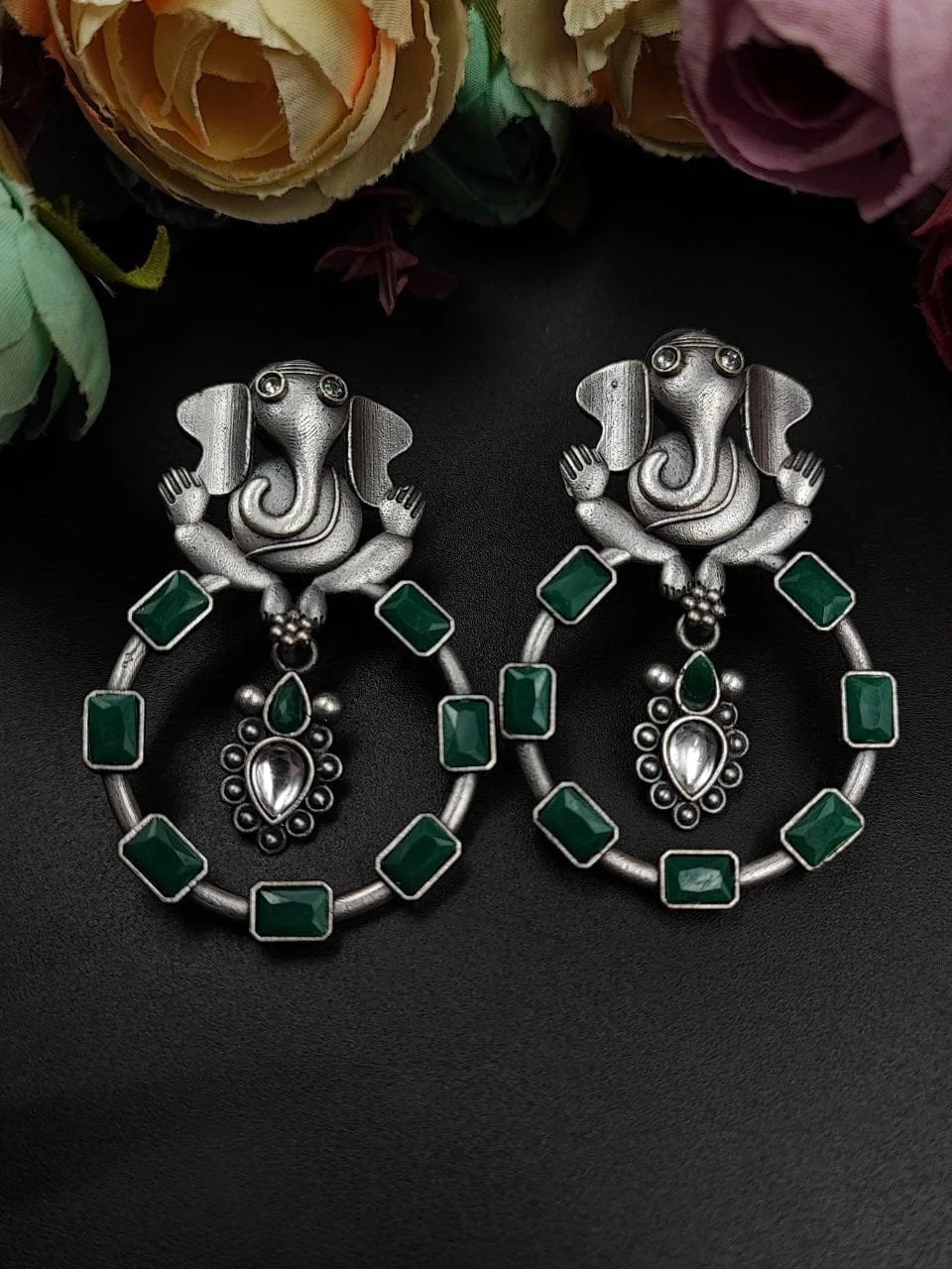 Oxidised Ganesha Hoop Earrings with Rectangular Stones