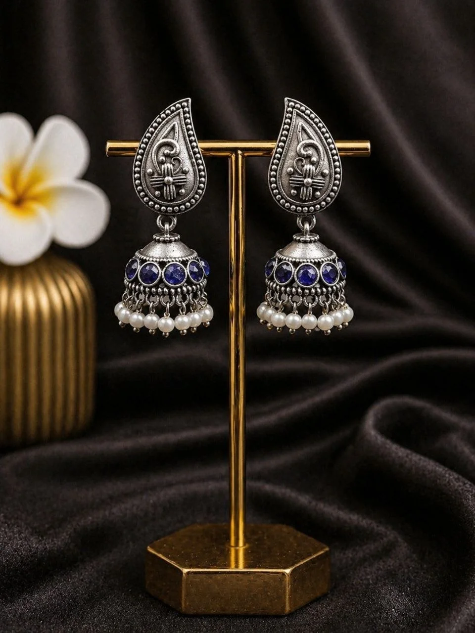 Oxidised Paisley Jhumka Earrings with Stone Band and Pearl Fringe