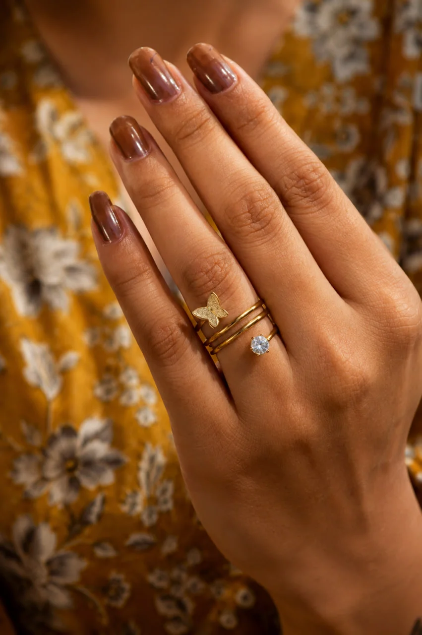 Anti-Tarnish Twin Band Granulated Butterfly Solitaire Ring
