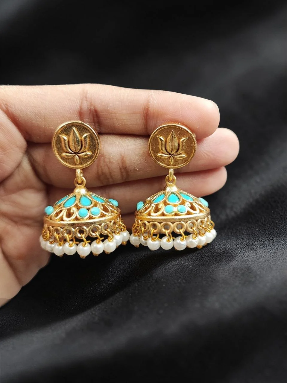 Green Meena Jhumka with Lotus Stud – view 4