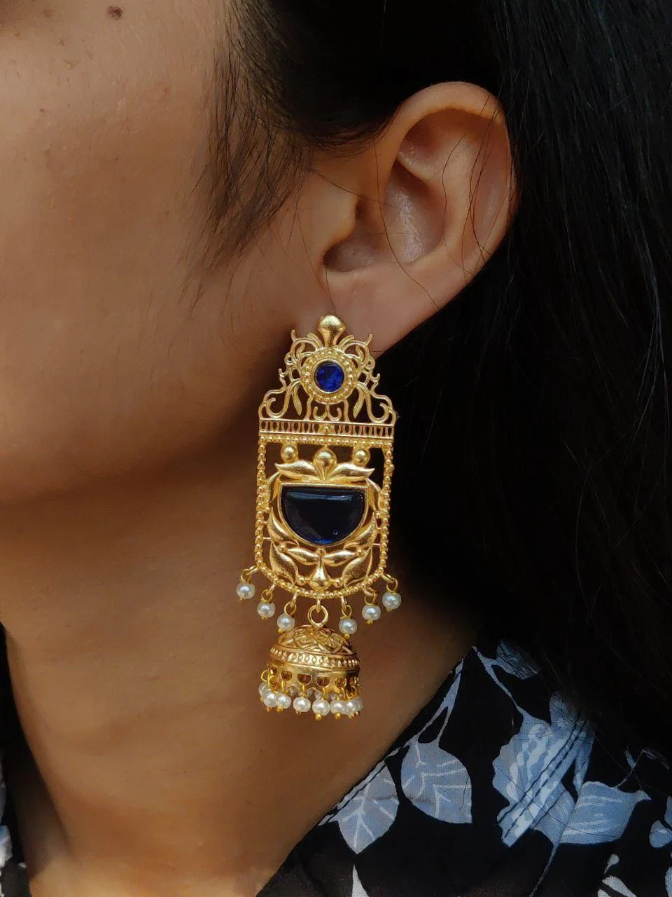 Long Temple Frame Jhumka with Black Stone – view 4