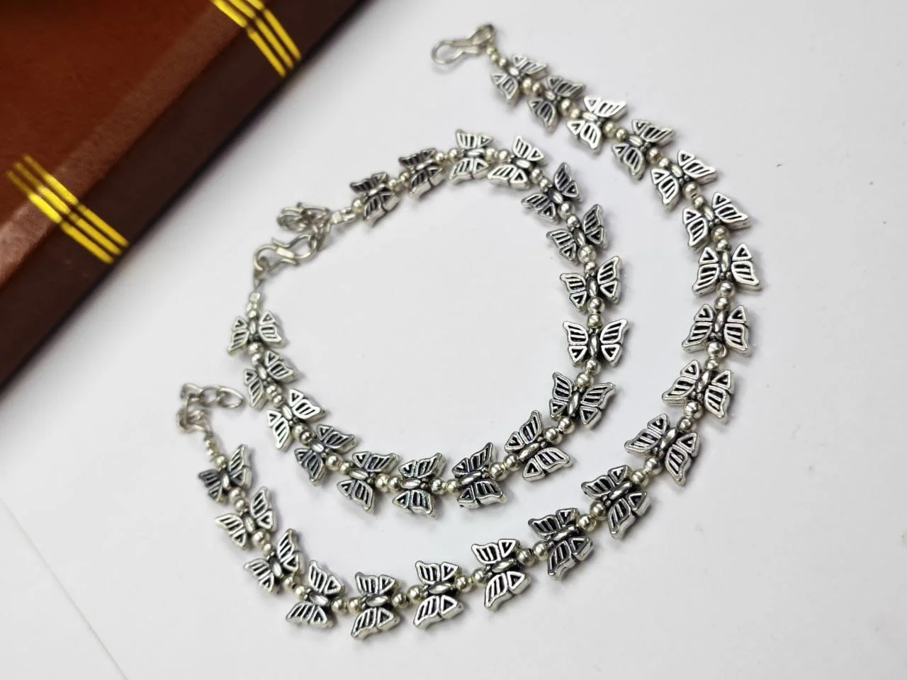 Oxidised German Silver Butterfly Chain Anklet with Hook Closure – view 2