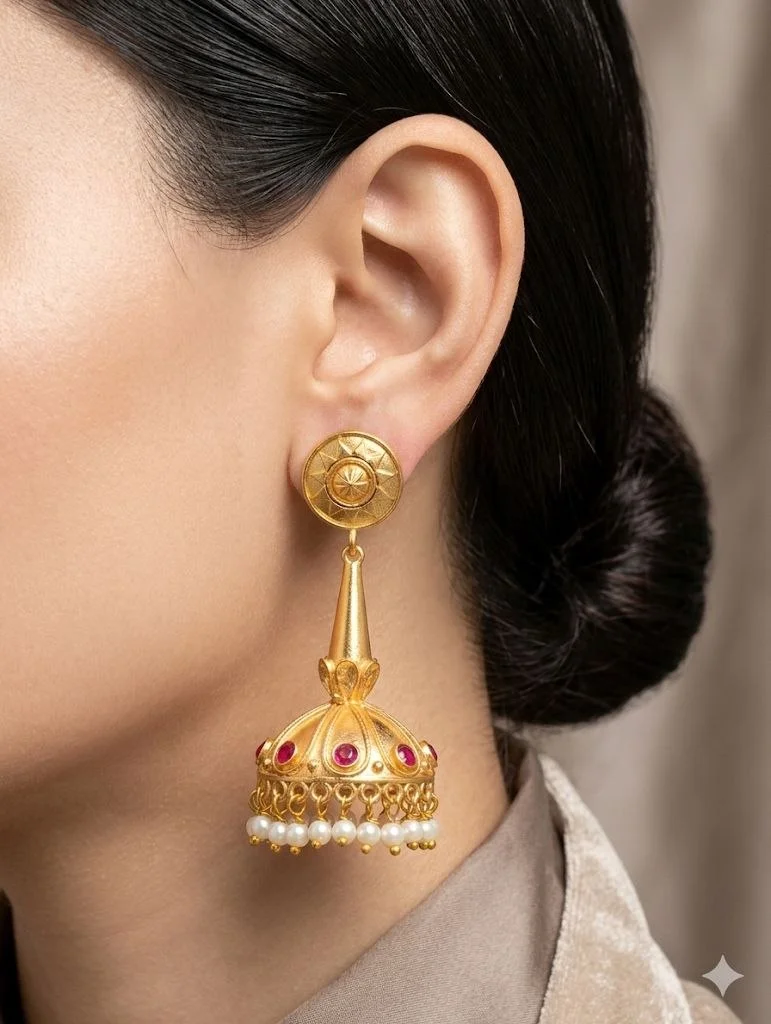 Temple Tower Jhumka with Ruby Red Stones
