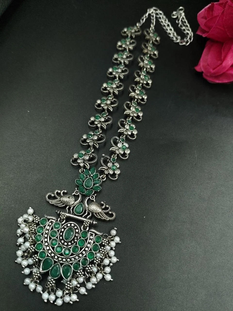 Oxidised Peacock Crescent Necklace with Pearl Fringe