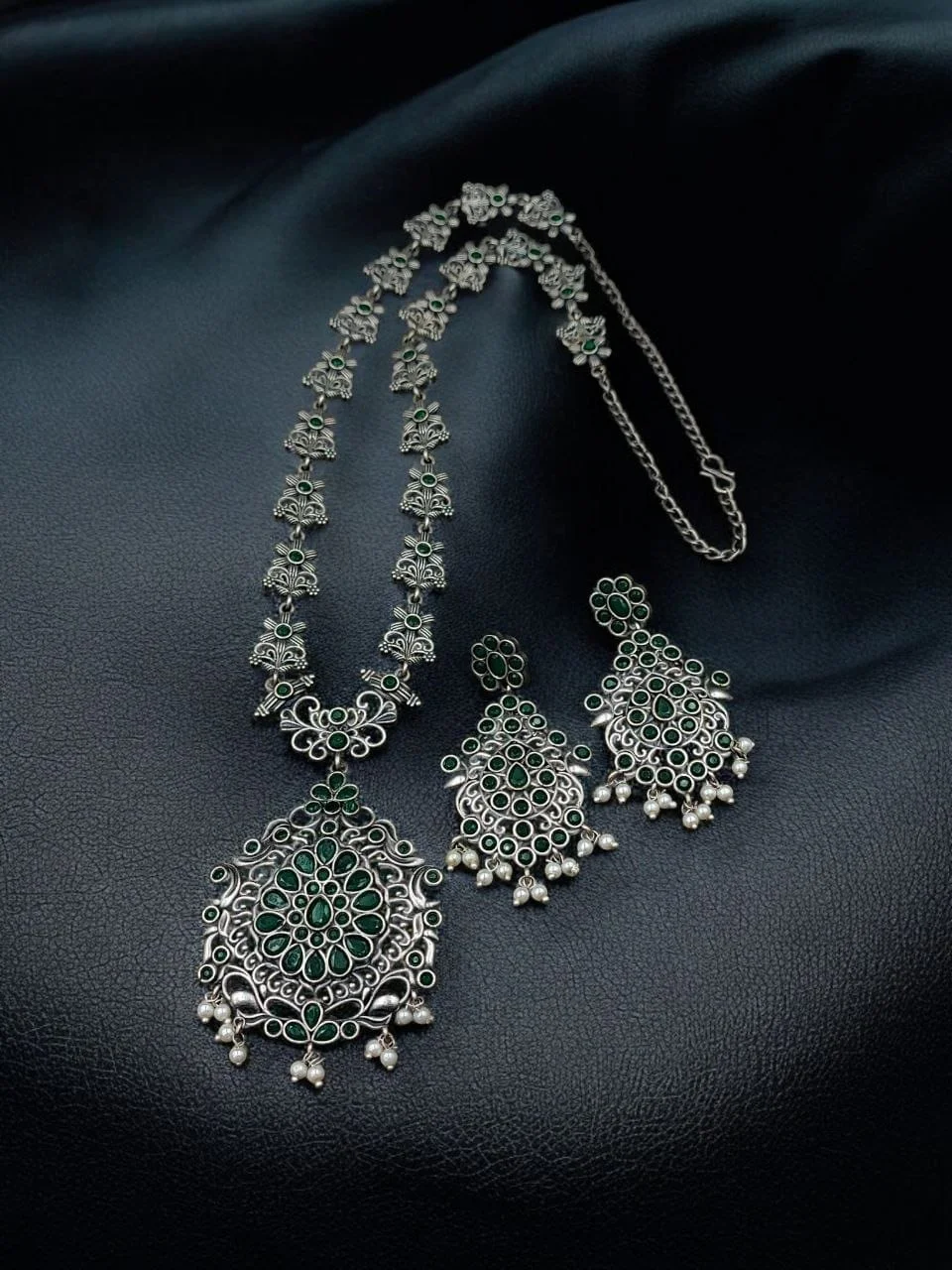 Oxidised Long Haram Necklace Set with Stone Flowers