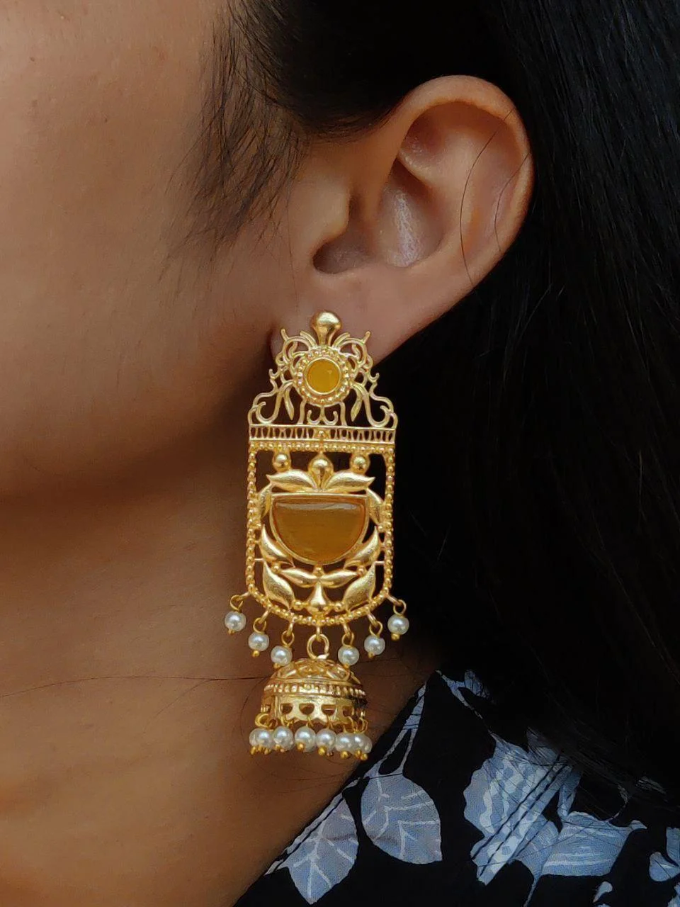 Long Temple Frame Jhumka with Black Stone – view 5