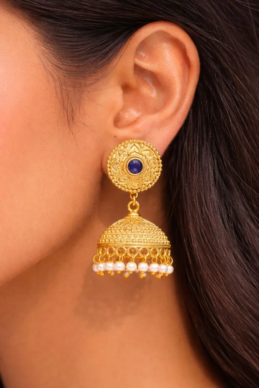 Blue Stone Stud Jhumka with Fluted Bell