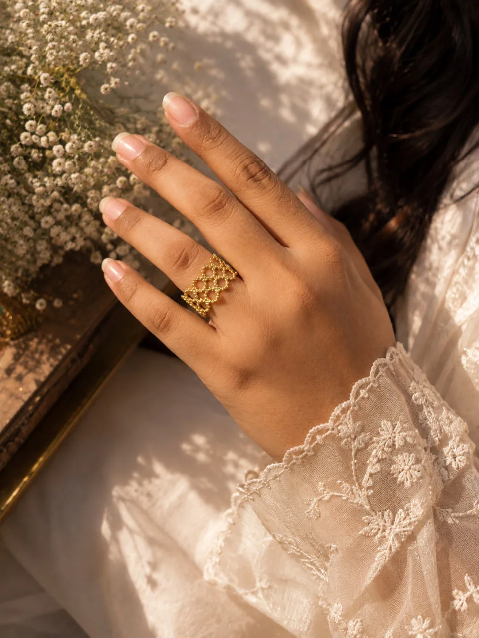 Anti-Tarnish Beaded Jaali Lattice Wide Ring