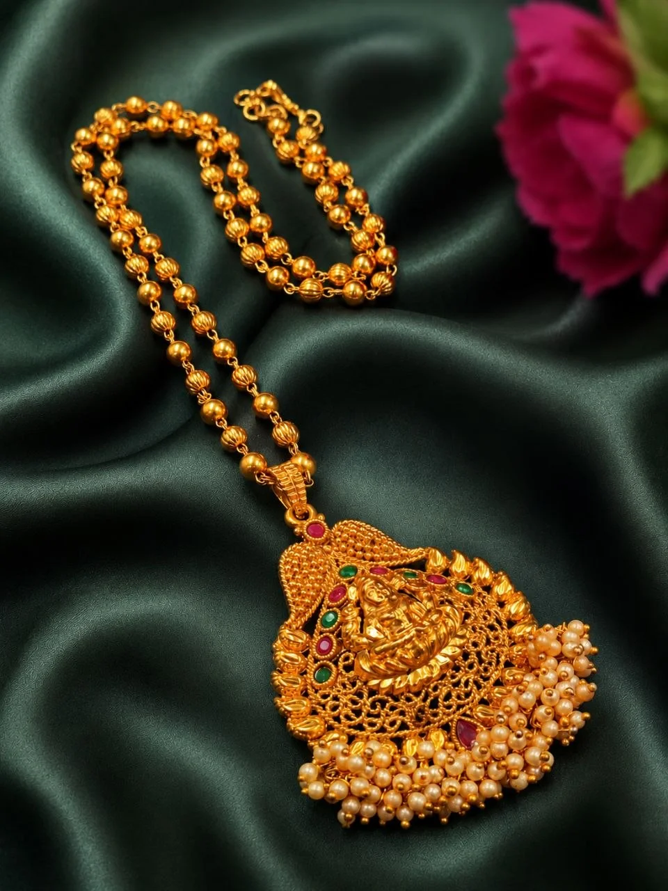 Goddess Lakshmi Temple Pendant Necklace with Bead Chain