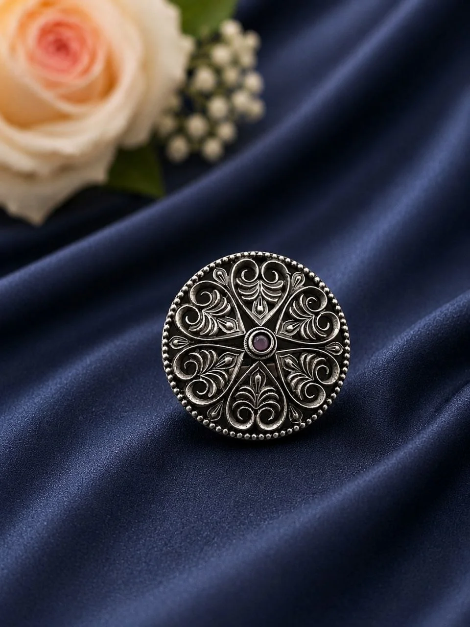 Oxidised Filigree Mandala Ring with Red Stone – view 4