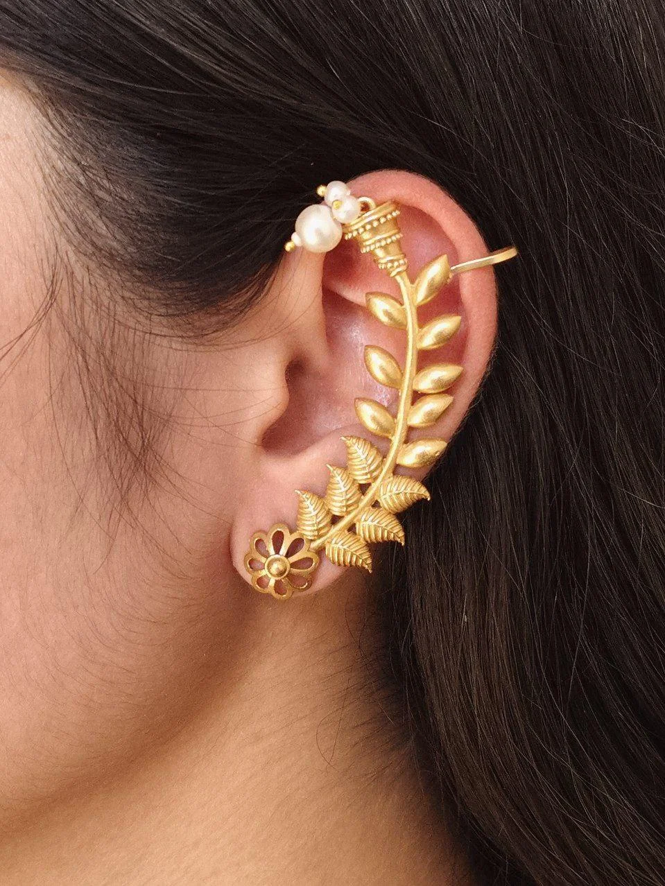 Leaf Vine Ear Cuff with Pearl Drop