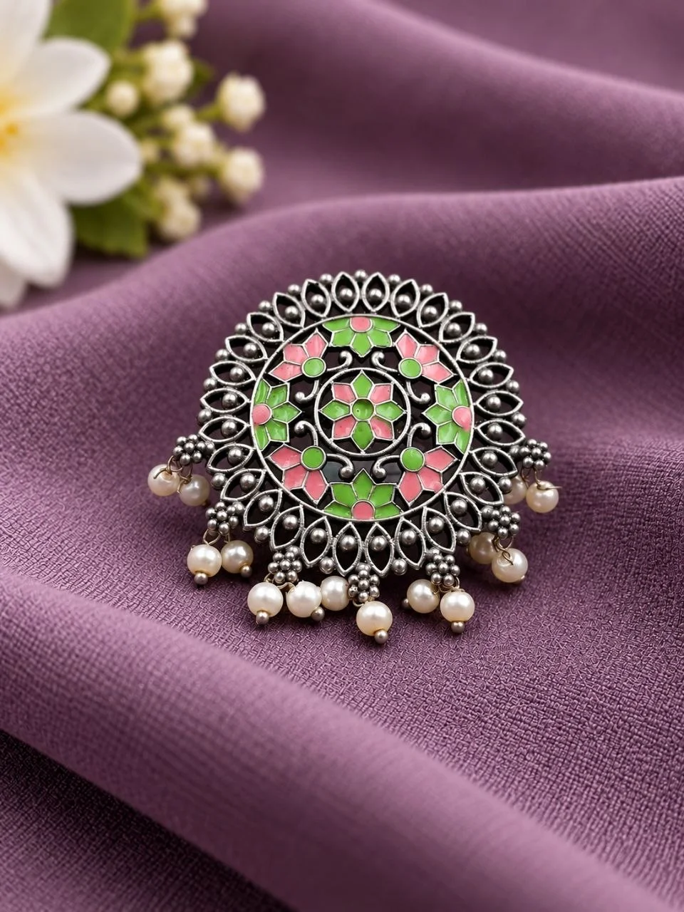 Oxidised Meenakari Mandala Ring with Pearl Drops – view 2