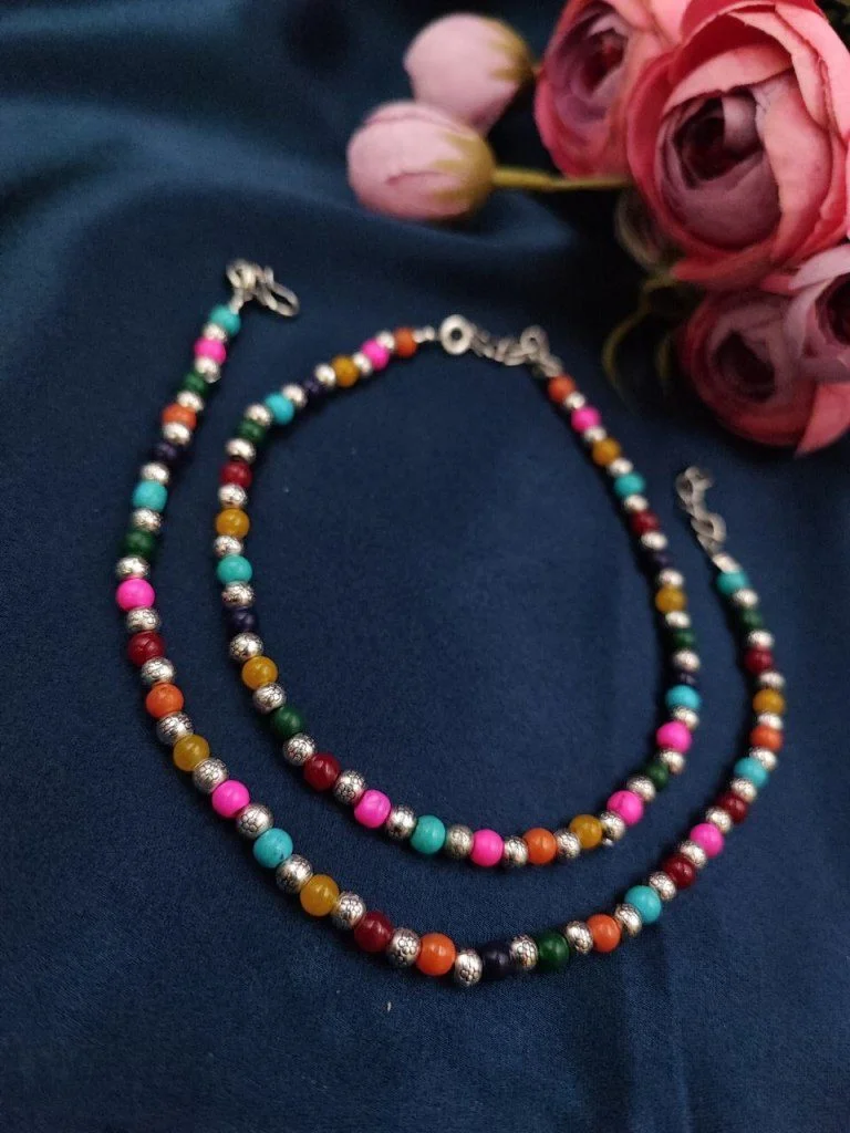 Multicolour Bead Anklet with Silver-Tone Spacer Beads