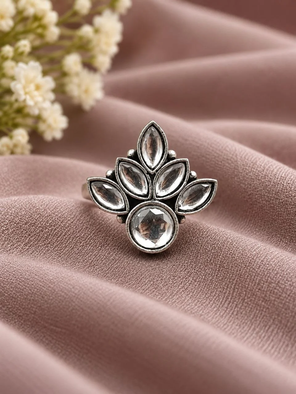 Oxidised Flower Ring with White Stones – view 5
