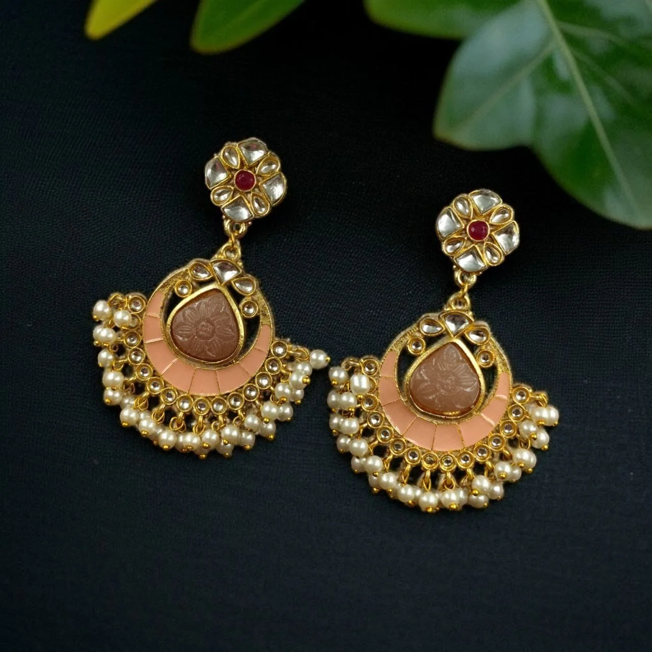 Carved Stone Chandbali with Dense Pearl Fringe