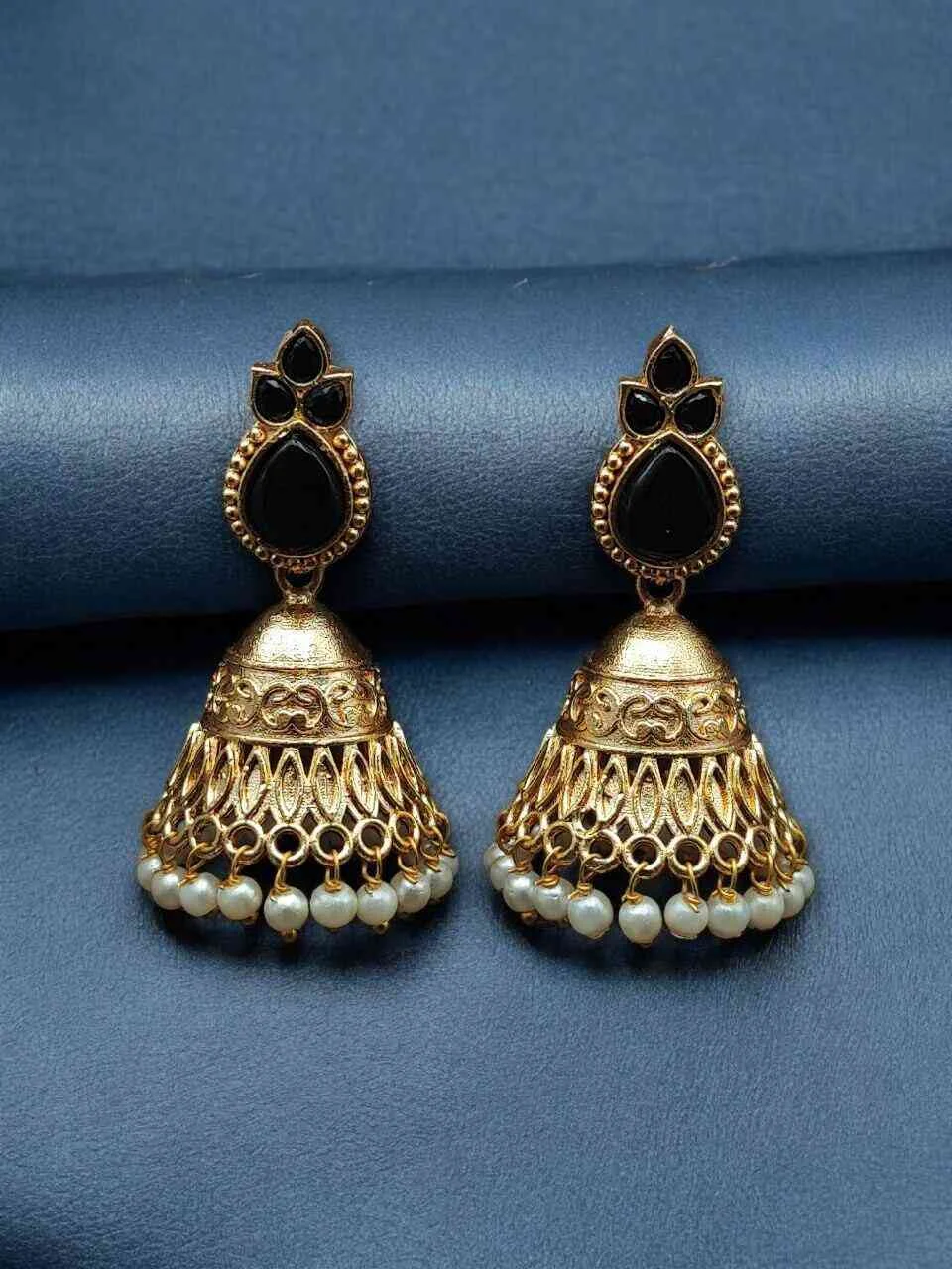Green Teardrop Stone Jhumka with Textured Bell – view 4