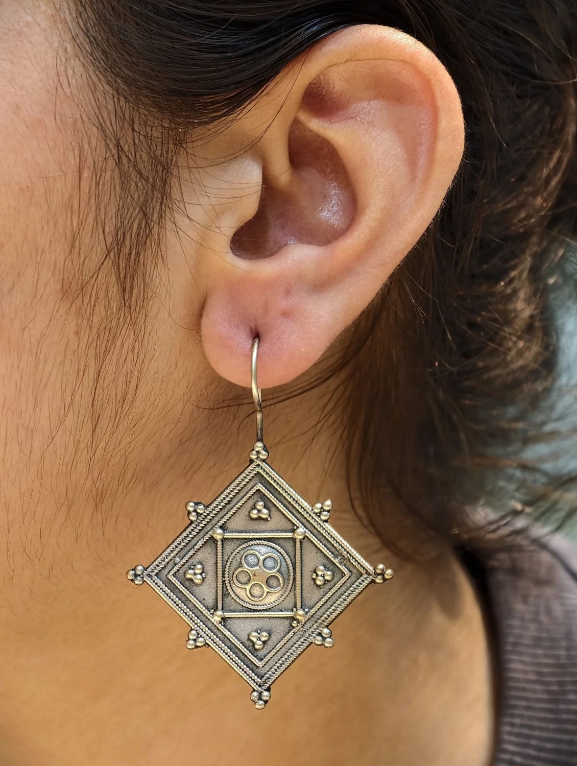Oxidised Diamond Shape Hook Earrings with Filigree Medallion