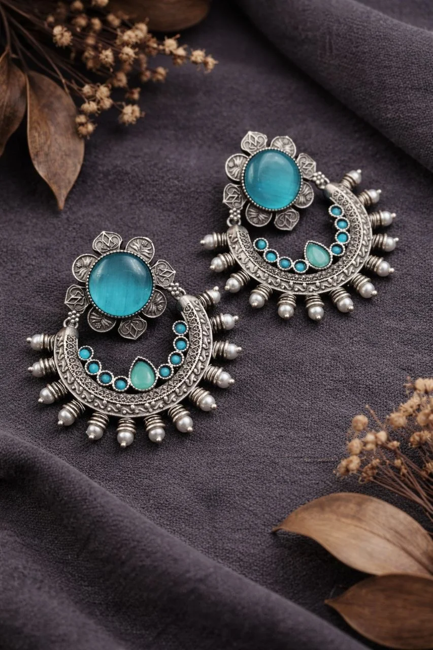 Oxidised Sunburst Chandbali Earrings with Stone Flower and Stone Crescent
