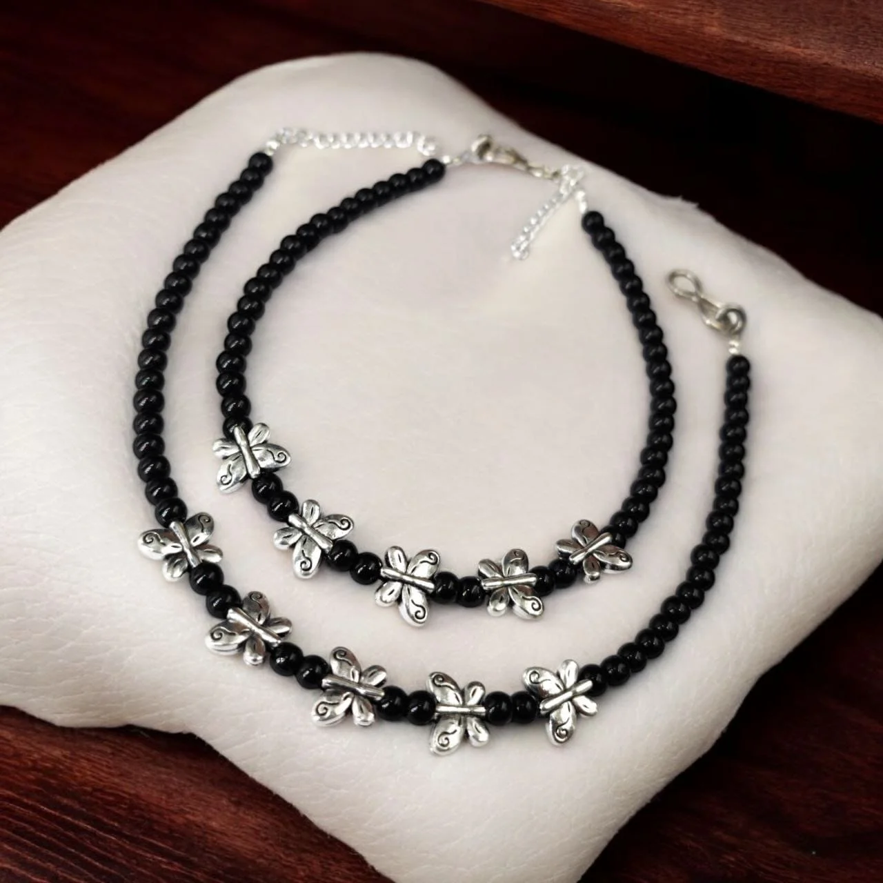Oxidised Butterfly Charm Black Bead Anklets, Pair – view 3